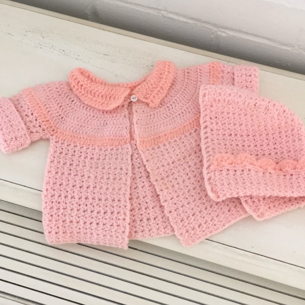 Classic Infant Size 0-3 Months Pink Crochet Baby Sweater And Hat Set- Baby Gift